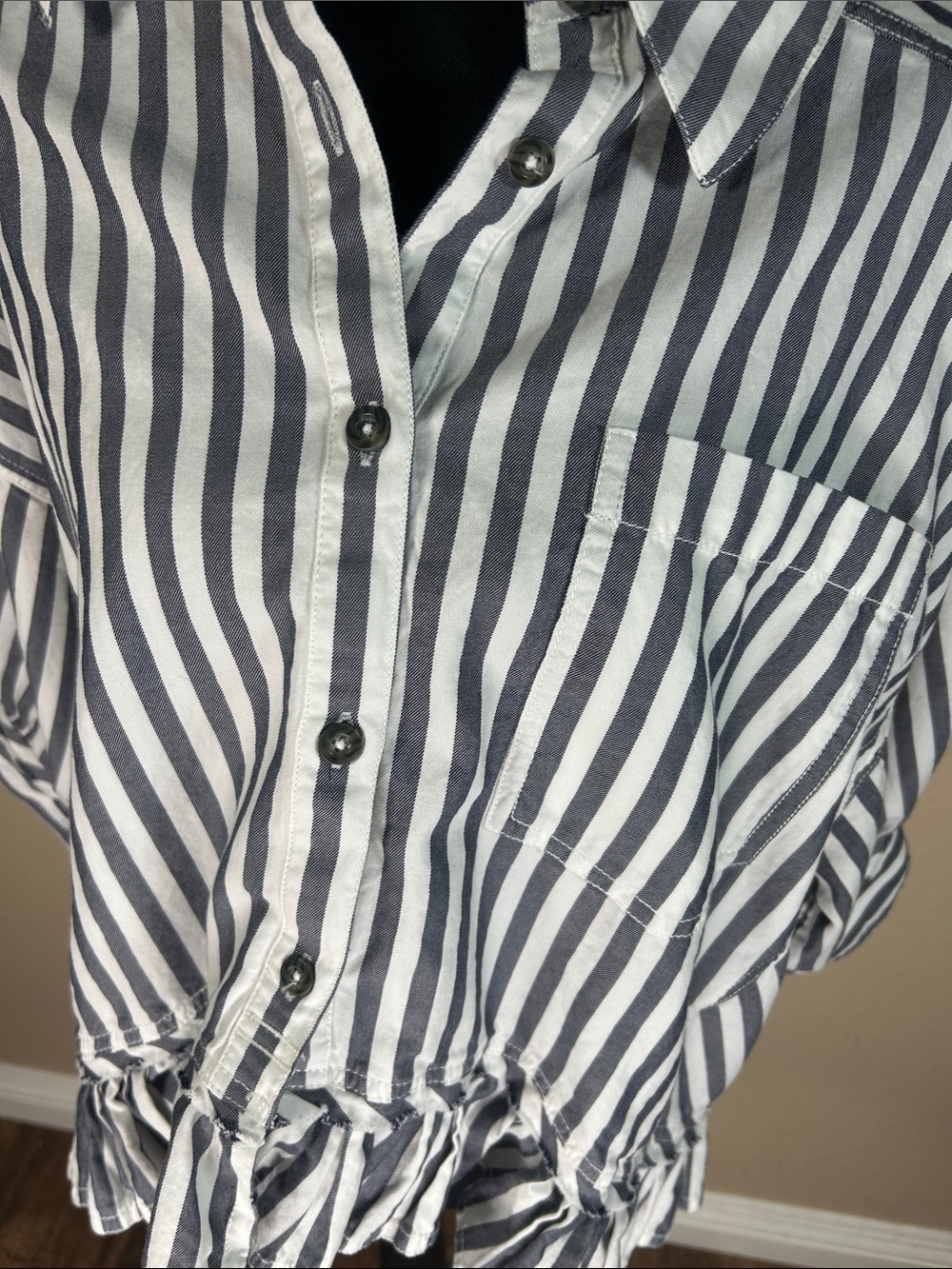 We The Free Free People Striped Ruffle Hem Button-Up Shirt Large - Picture 4 of 7